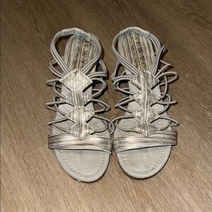 New York Transit Silver Strappy Sandals with Lace-Up Design
